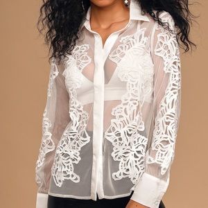 . LuLu’s White Button Up Sheer Long Sleeve Floral Blouse